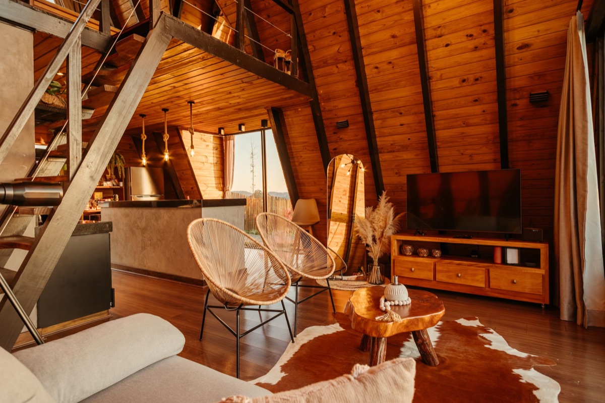 safari lodge interior with fireplace