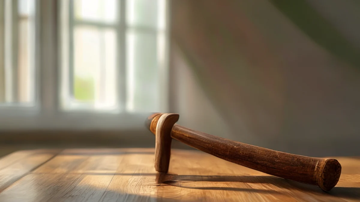 Een hoge, slanke Mauritius-steel met een glad donkergroene oppervlak, een karakteristieke boogvormige handgreep, en een verweerde houten grip, op een eenvoudige houten tafel onder zachte vensterlicht, zacht focusveld