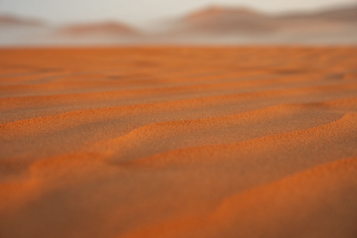 Dunes de Sahara à l'horizon du coucher du soleil