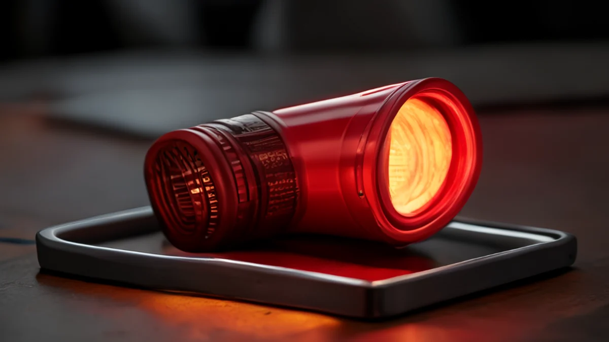 Red camping flashlight with plastic body, cylindrical, on metal tray, warm light, 85mm lens, shallow focus, photorealistic, high detail