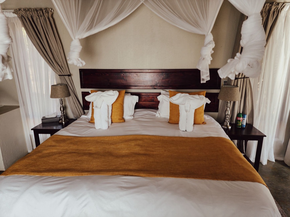safari lodge interior with wooden furniture