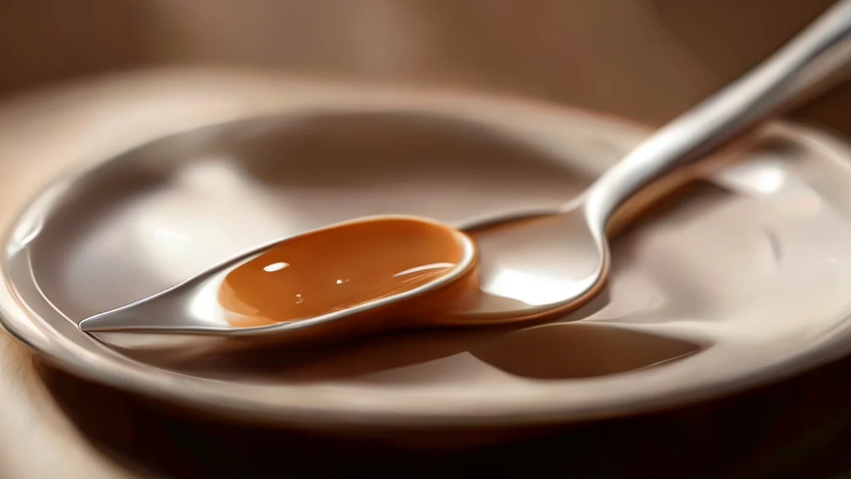 Cucchiaio Sunda Caramello: Un cucchiaio per dessert con una salsa di caramello.