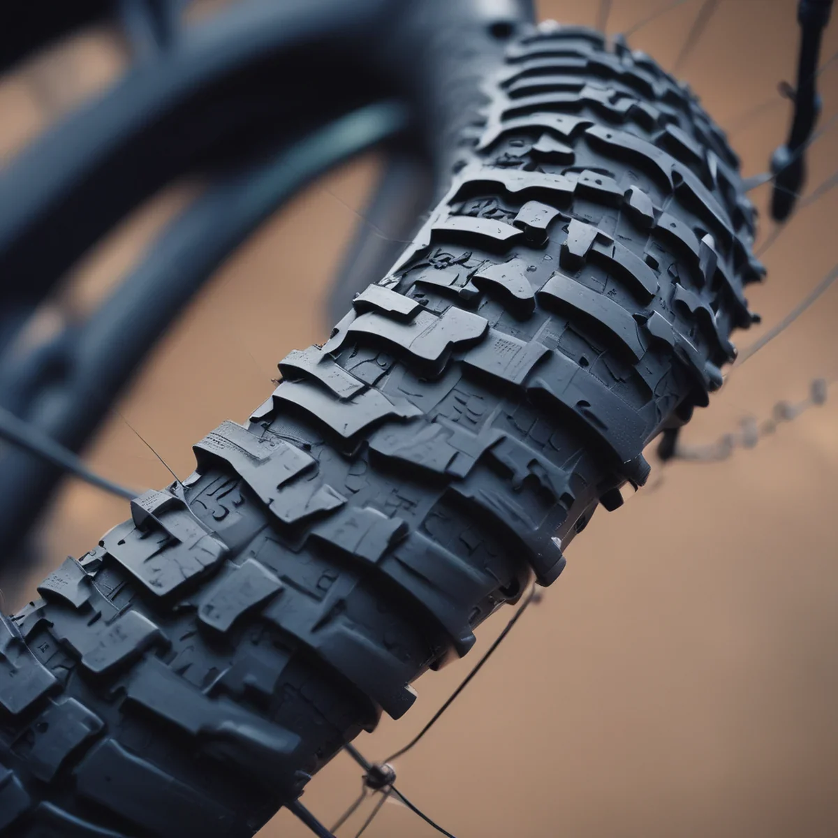 Nahaufnahme des tiefen Stollenprofils eines schwarzen Mountainbike-Reifens