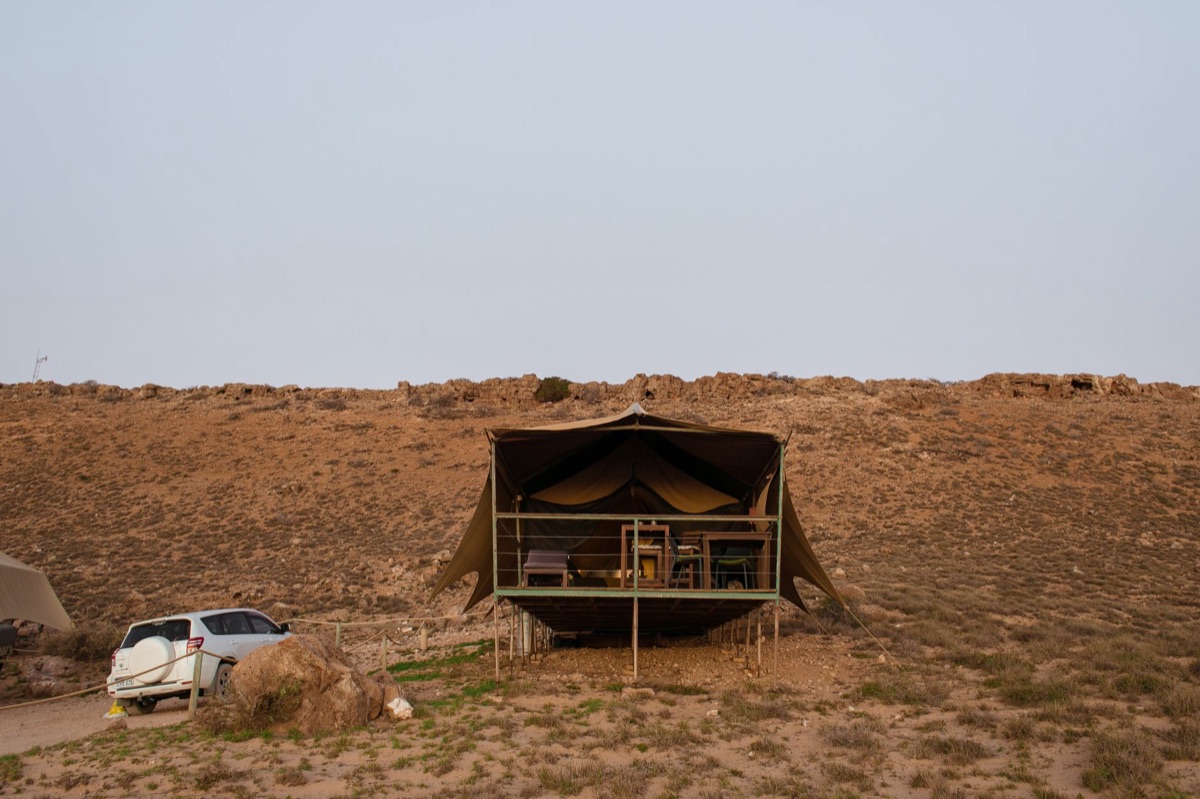 Safari camp met tenten en voertuigen