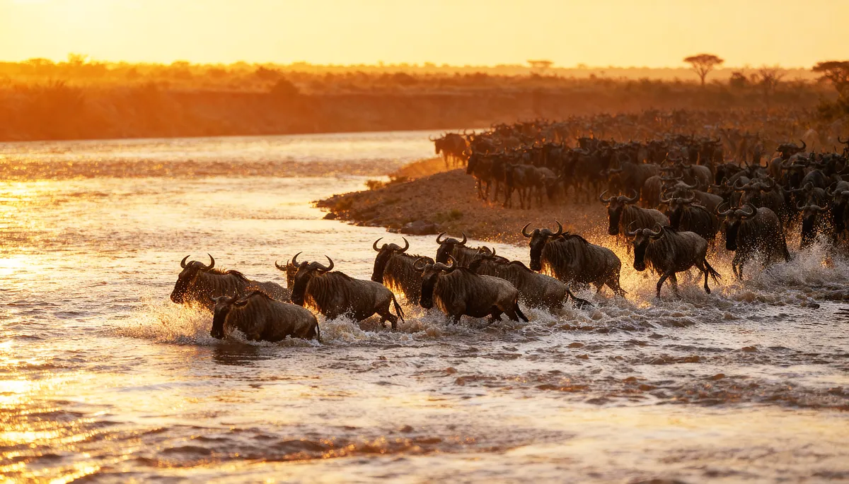 wildebeest, kenya, river crossing, wildlife, migration, africa, nature, herd, savanna, mara river, safari, african wildlife, golden hour, mammals, great migrati